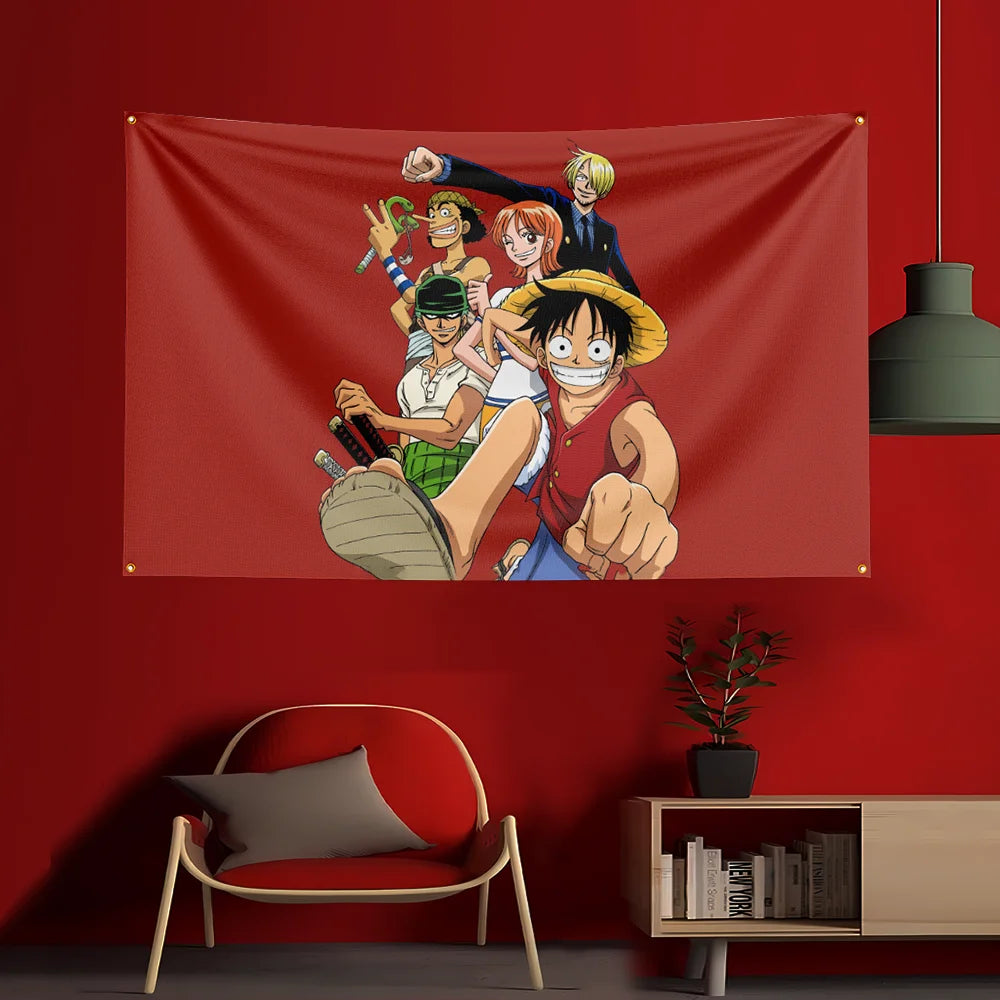 Poster di One Piece - La ciurma di Cappello di Paglia al completo (sfondo rosso)