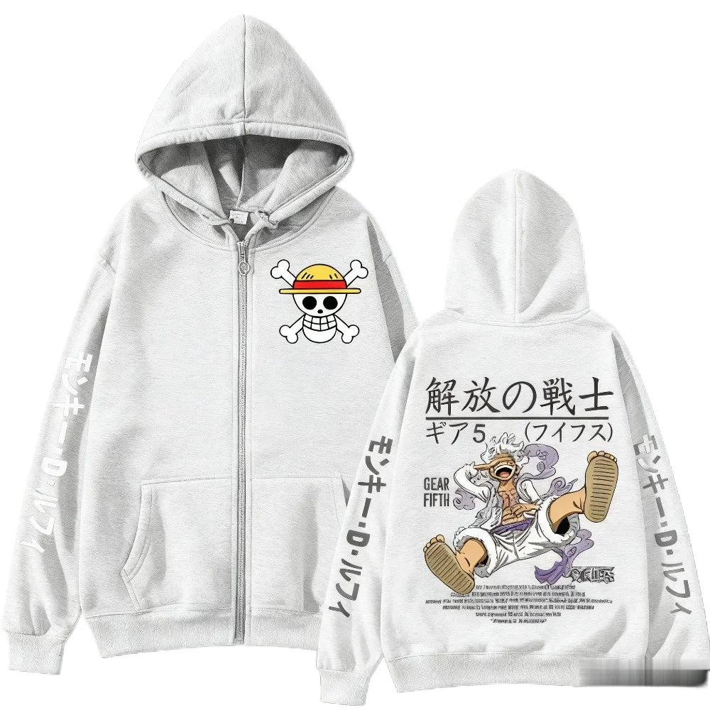 Sweat à Capuche Zippé One Piece - Gear 5 Nika & Symboles (Blanc)