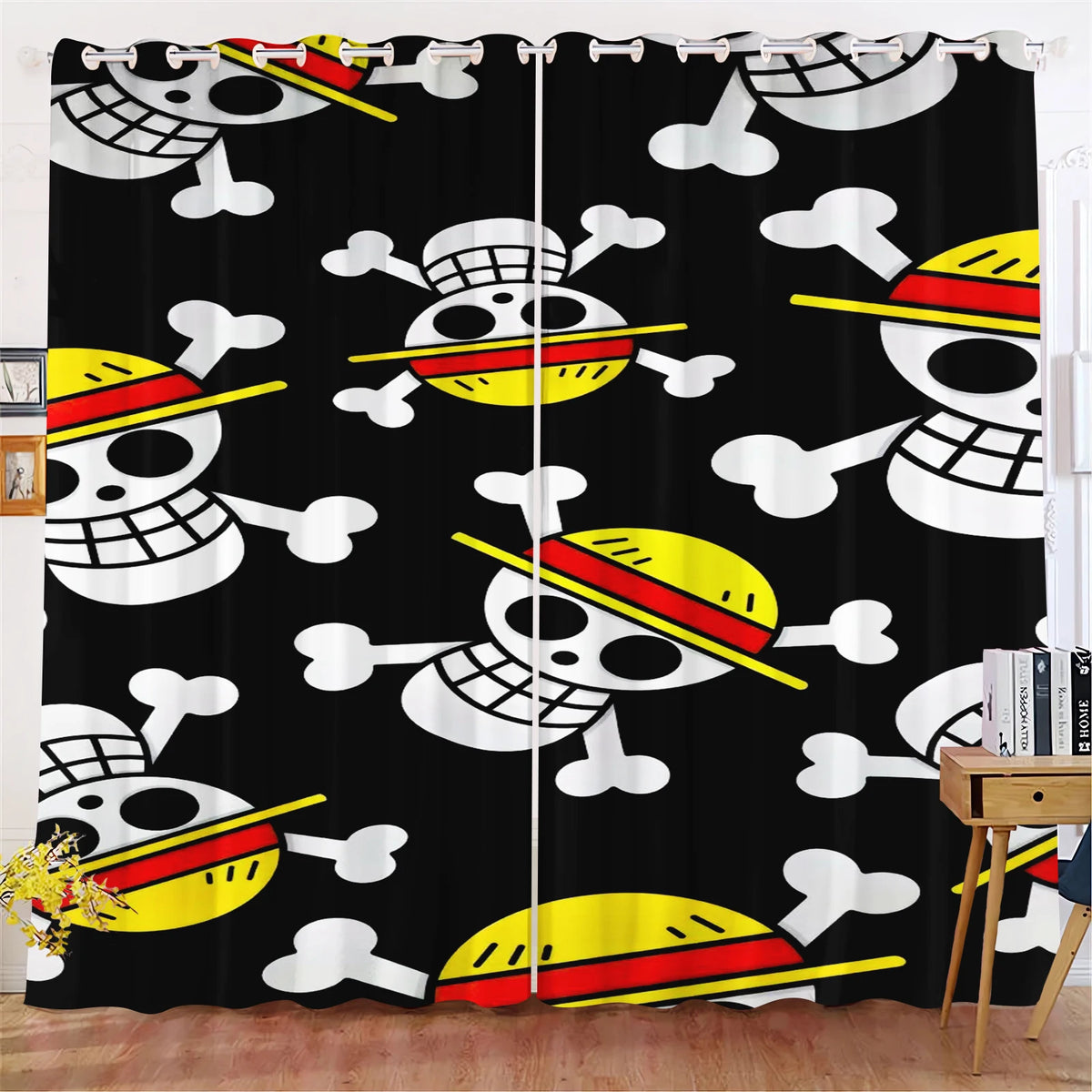 Tenda One Piece - Motivo con loghi Mugiwara e teschio su sfondo nero