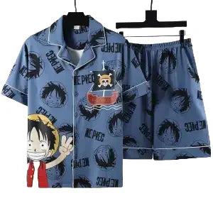 Pyjama Court One Piece - Design "Mugiwara" All-Over (Bleu & Noir)