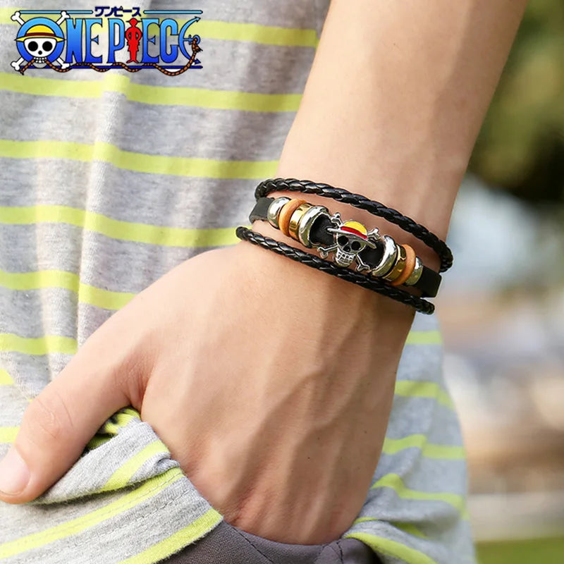 Bracciale One Piece - Pelle intrecciata e teschio di Rufy