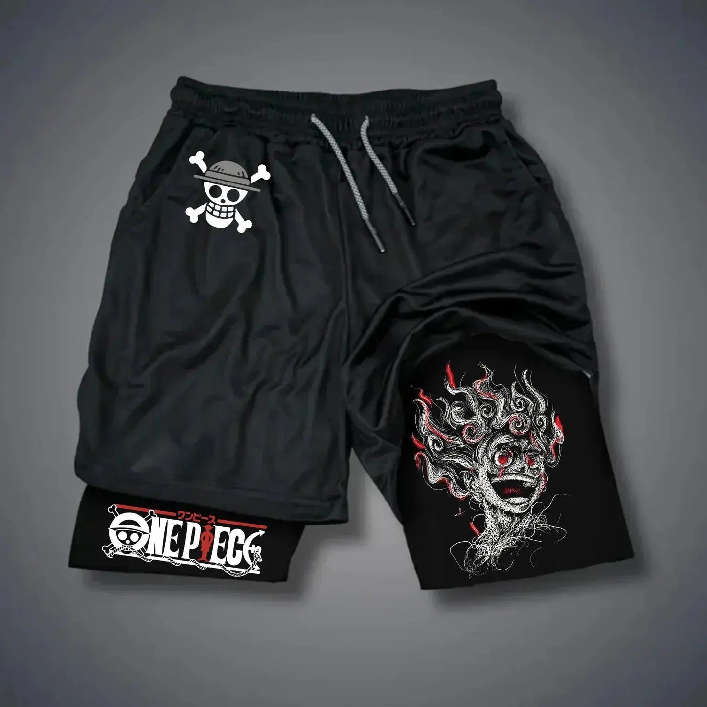 Pantaloncini sportivi 2 in 1 One Piece - Illustrazione di Luffy Gear 4 Snakeman (neri)