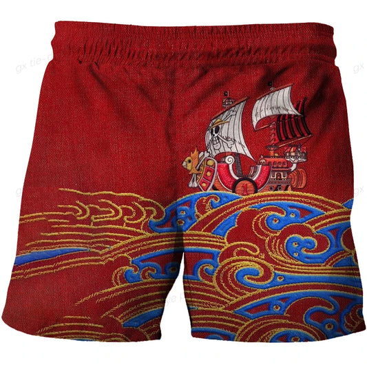 Short de Bain One Piece - Navire Thousand Sunny et Vagues Japonaises