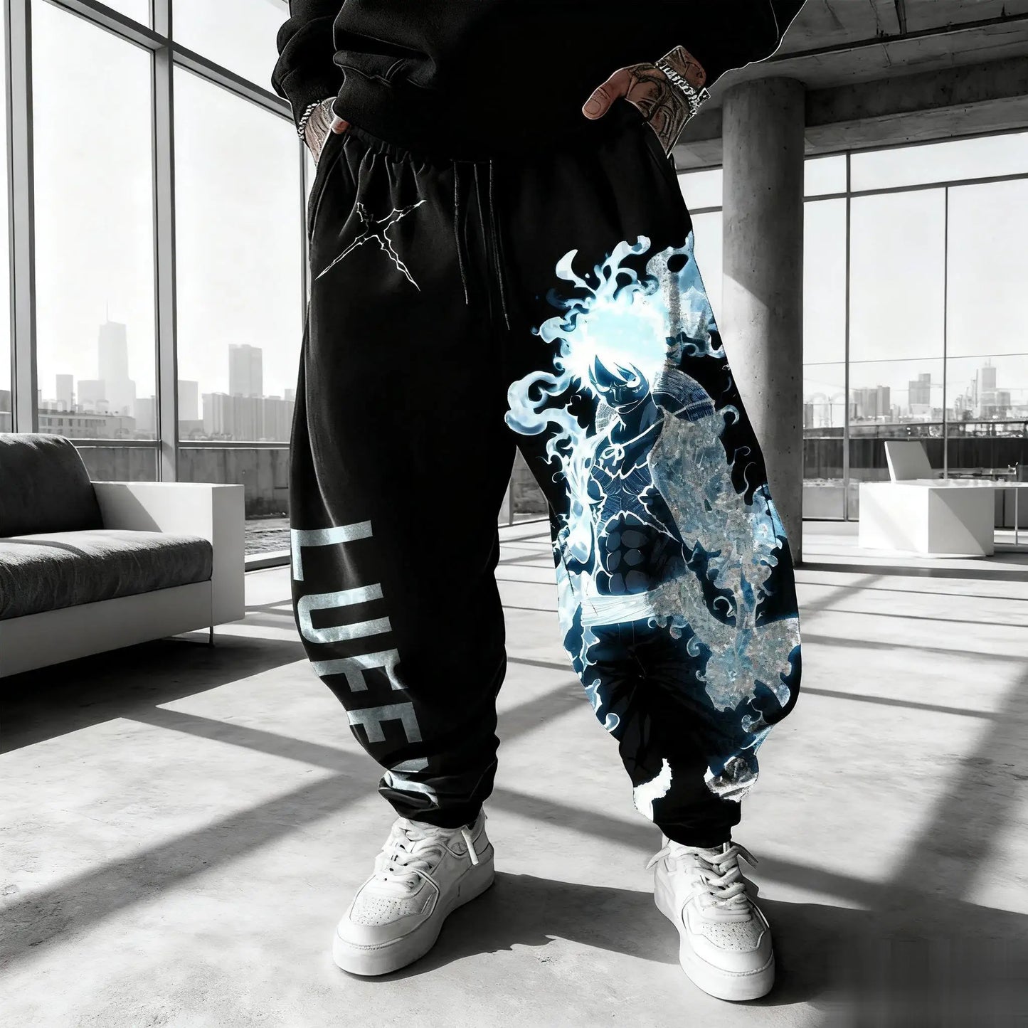 Pantalon de Jogging One Piece - Design Aura Bleue Luffy (Noir)