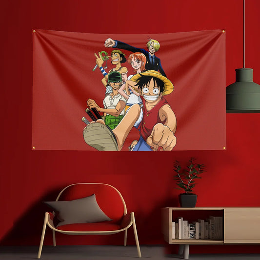 Poster One Piece - Équipage Mugiwara au Complet (Fond Rouge)
