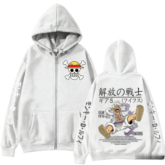 Sweat à Capuche Zippé One Piece - Gear 5 Nika & Symboles (Blanc)