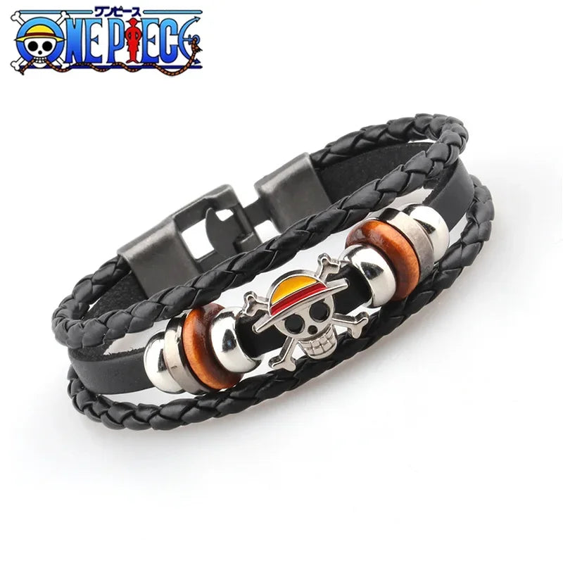 Bracciale One Piece - Pelle intrecciata e teschio di Rufy