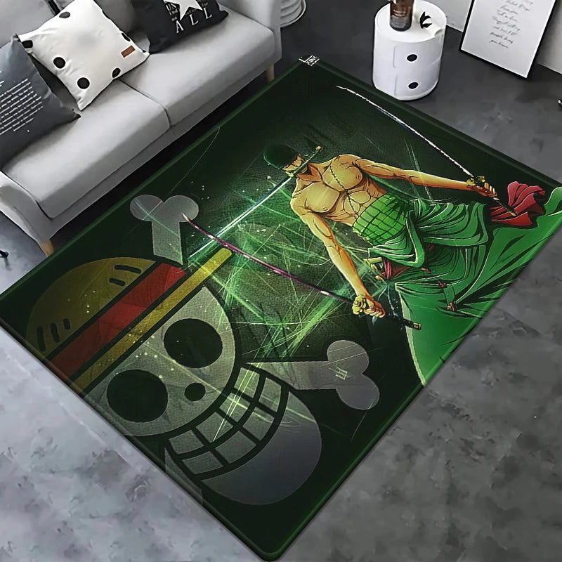 Alfombra de One Piece - Roronoa Zoro con fondo de bandera pirata