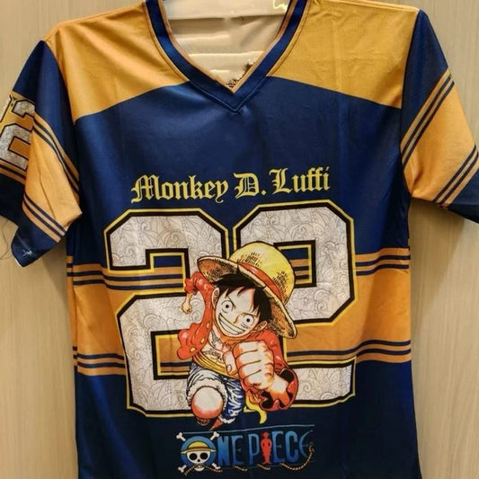 Maillot de Foot One Piece Luffy - Jersey Rayé Jaune & Bleu (Numéro 22)