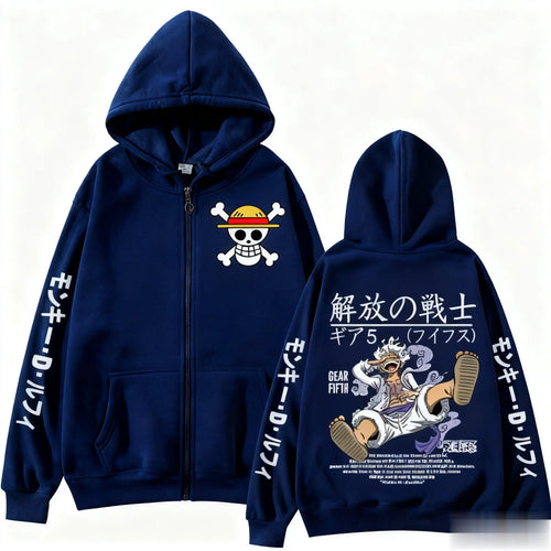 Felpa con cappuccio oversize One Piece - Silhouette di Luffy Gear 5 (blu navy)