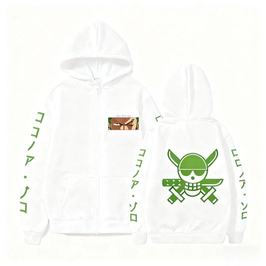 Sweat à Capuche One Piece - Design Zoro Roronoa (Blanc & Vert)