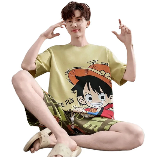 Ensemble pyjama One Piece - T-shirt Oversize & Short Luffy (Vert Olive)