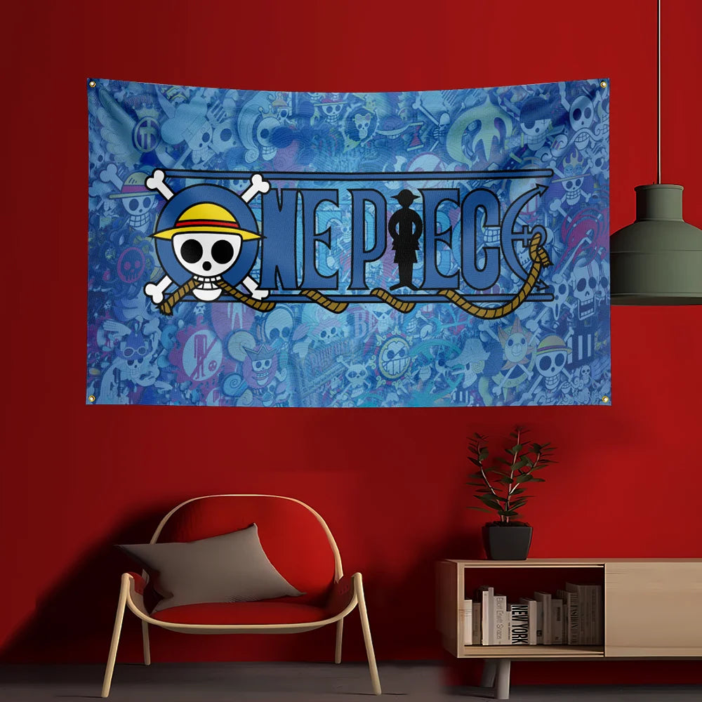Drapeau One Piece - Logo Jolly Roger Classique (Fond Bleu)