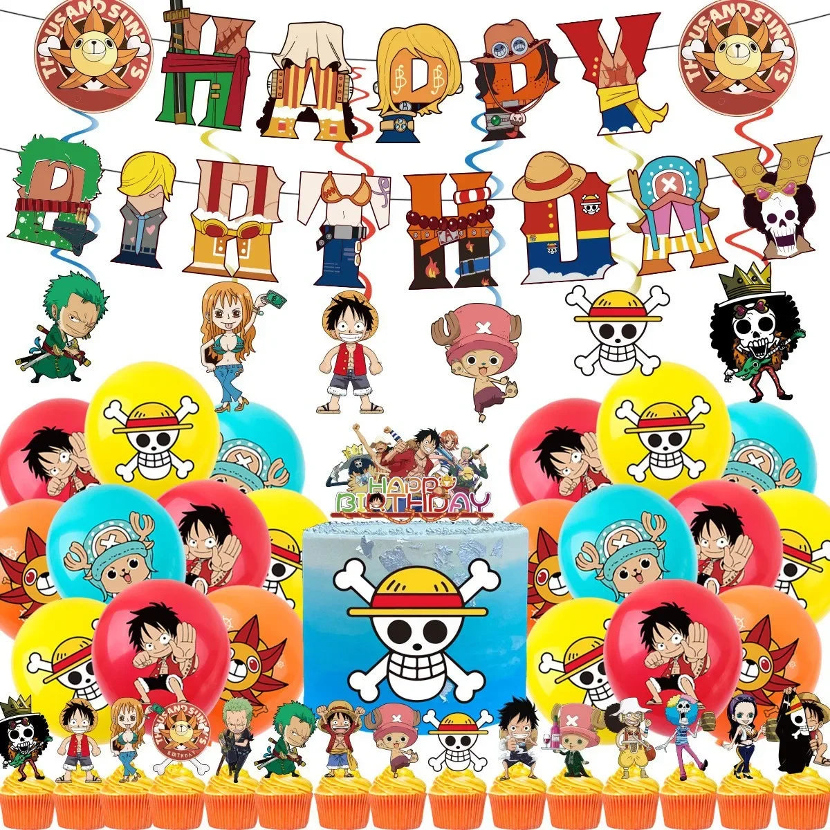 Kit de decoración de cumpleaños de One Piece: pancartas y globos de dibujos animados