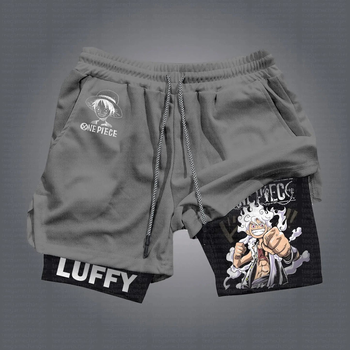 Short de Sport 2-en-1 One Piece - Luffy Gear 5 "Joy Boy" (Gris & Doublure Noire)