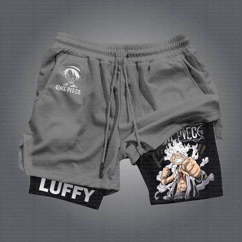 Short de Sport 2-en-1 One Piece - Luffy Gear 5 "Joy Boy" (Gris & Doublure Noire)