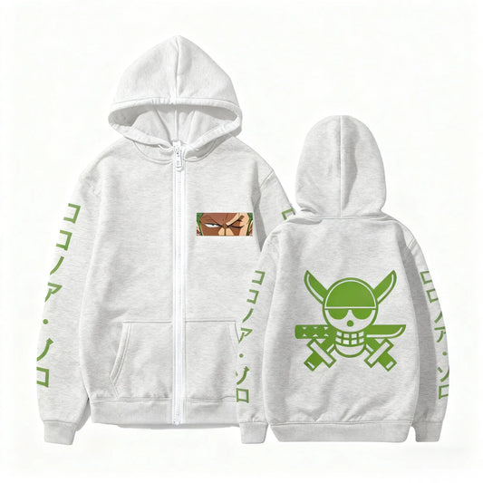 Sweat à Capuche One Piece - Design Équipage Zoro (Gris & Vert)