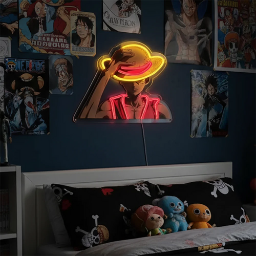 Lámpara de neón de One Piece: silueta de Luffy con sombrero de paja rojo