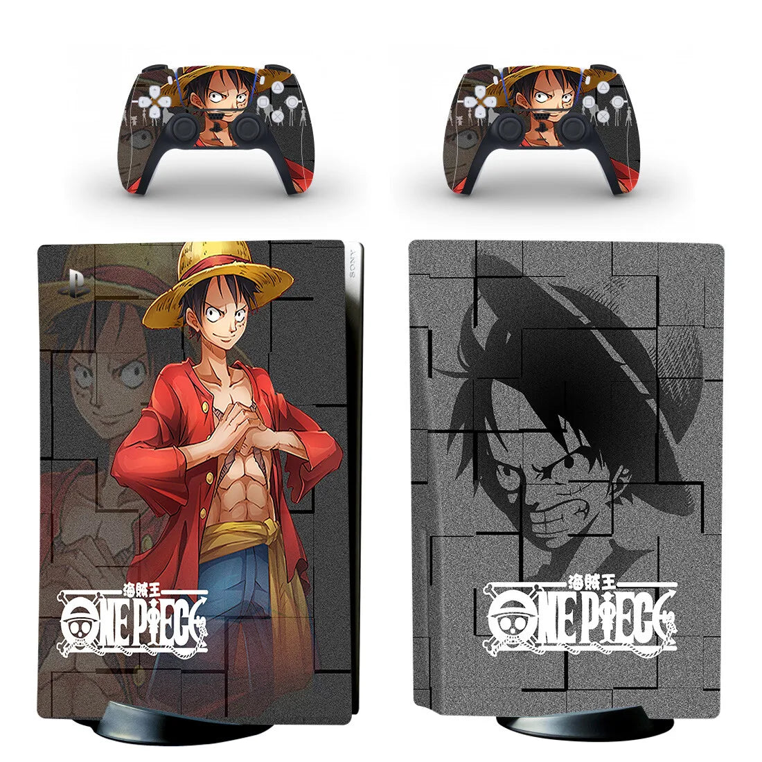 Pegatinas de One Piece para PS5: Retrato clásico de Luffy en blanco y negro