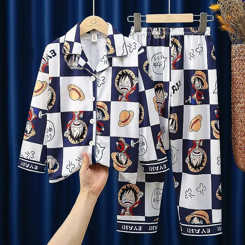 Pigiama One Piece - Motivo a scacchi e ritratti di Rufy (stile classico)