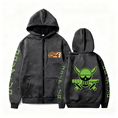 Felpa con cappuccio One Piece - Logo Zoro Roronoa (Nero e Verde)