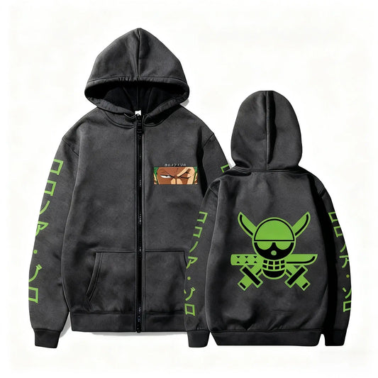 Sweat à Capuche One Piece - Logo Zoro Roronoa (Noir & Vert)