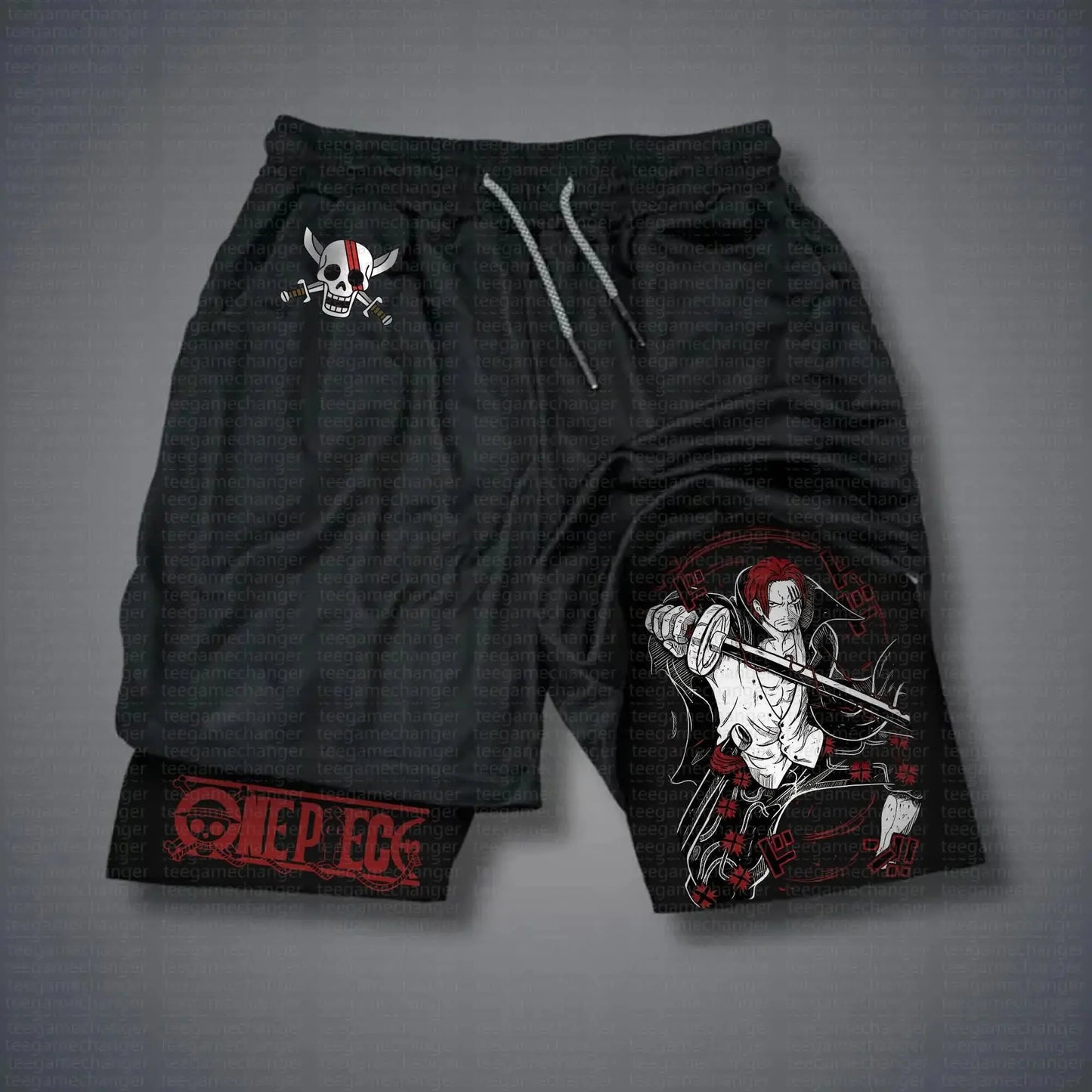 Shorts deportivos 2 en 1 de una pieza - Diseño Shanks (negro y forro gráfico)